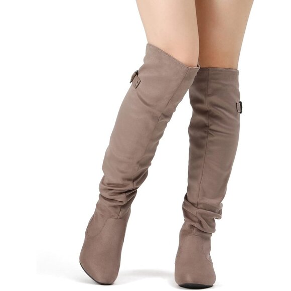 Women's Khaki Suede Over The Knee Thigh High Comfortable Low Heel Winter Boots - Picture 5 of 5